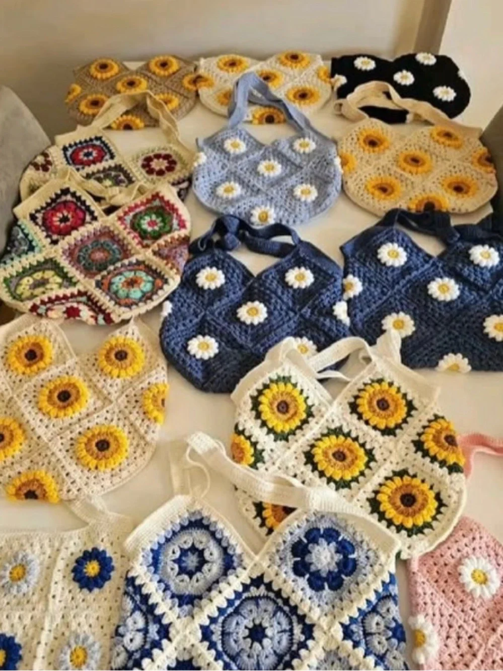 Handmade Crochet Daisy Kids Tote Bag - Yellow & Blue Options